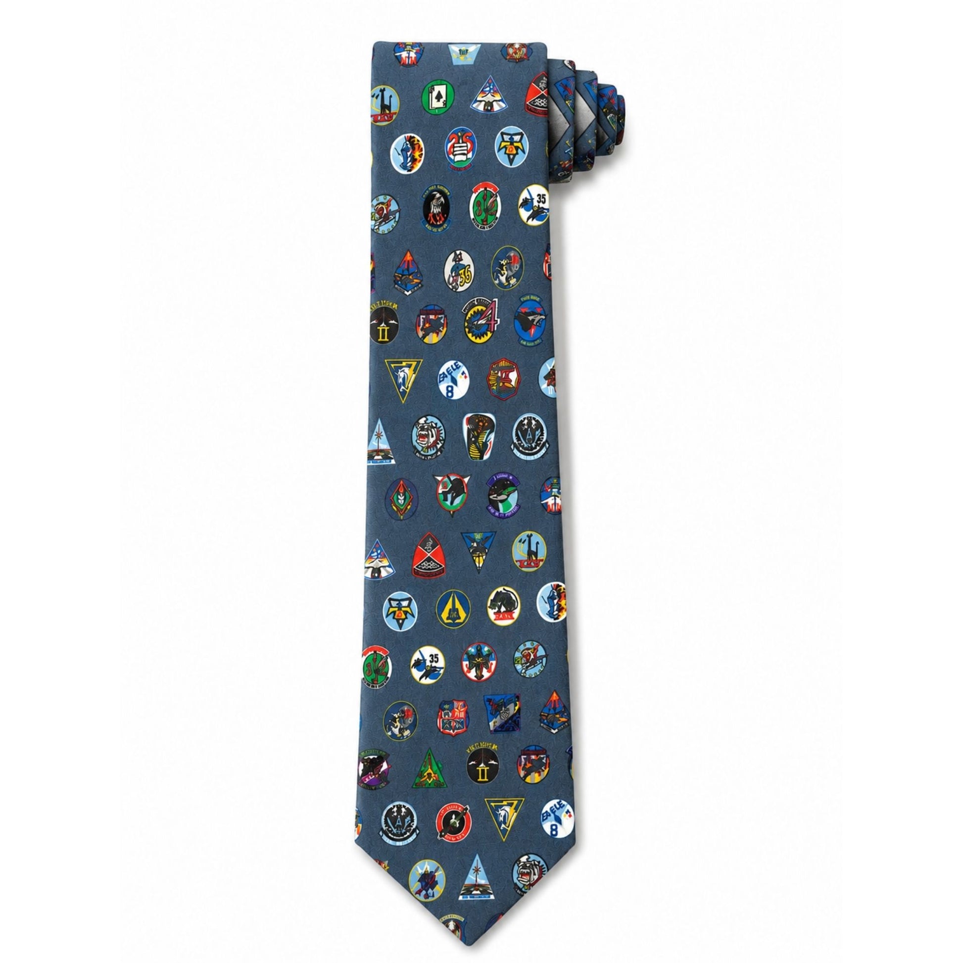 Slate blue Forty Squadrons. One Family. skinny silk necktie featuring an all-over Air Force Academy squadron patch pattern.