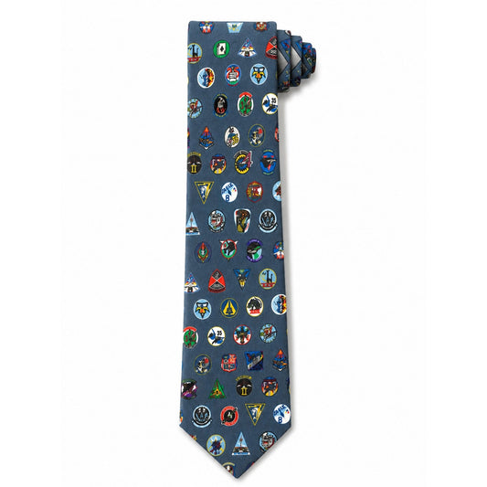 Slate blue Forty Squadrons. One Family. skinny silk necktie featuring an all-over Air Force Academy squadron patch pattern.