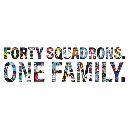 Forty Squadrons One Family USAFA sticker with colorful squadron graphics lettering on car rear window