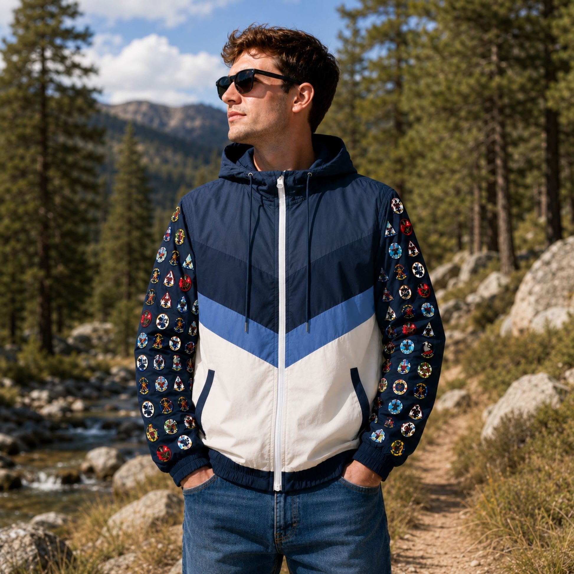 Air Force Academy windbreaker featuring cadet squadron emblems on both sleeves, color-block body design, full zipper, hood, and front pockets.