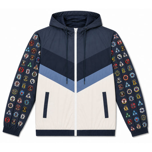 Air Force Academy windbreaker featuring cadet squadron emblems on both sleeves, color-block body design, full zipper, hood, and front pockets.