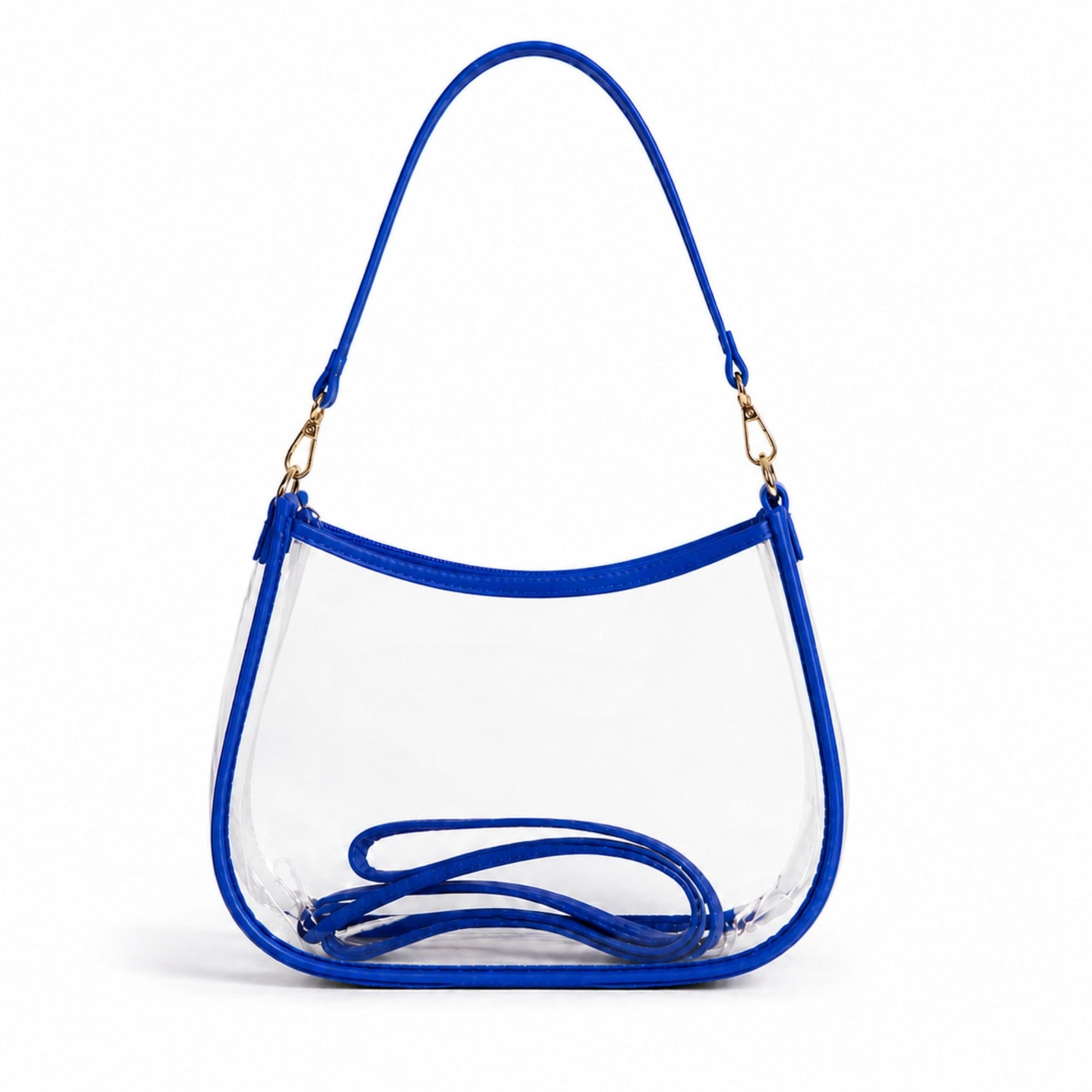 Go Falcons clear stadium purse with blue trim and dual straps on a white background