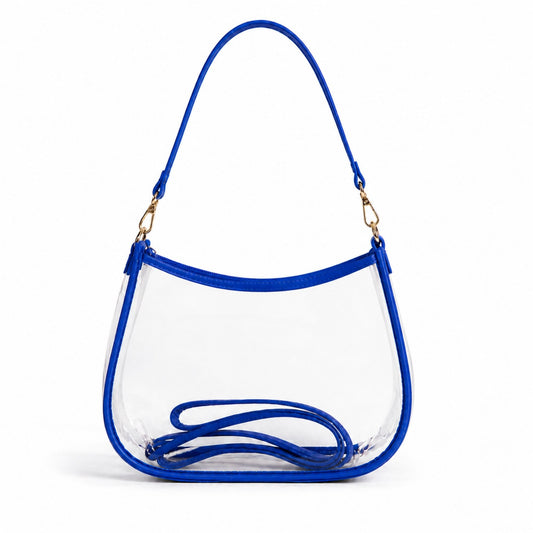 Go Falcons clear stadium purse with blue trim and dual straps on a white background
