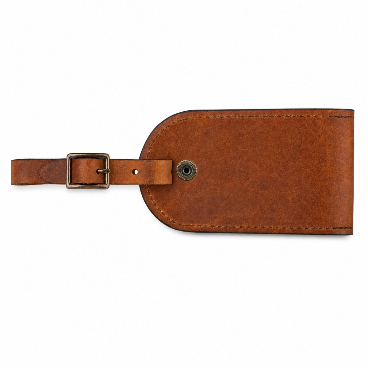 Back view of the Heritage Gear Leather Luggage Tag featuring full-grain brown leather, contrast stitching, snap hardware, and an adjustable buckle strap.