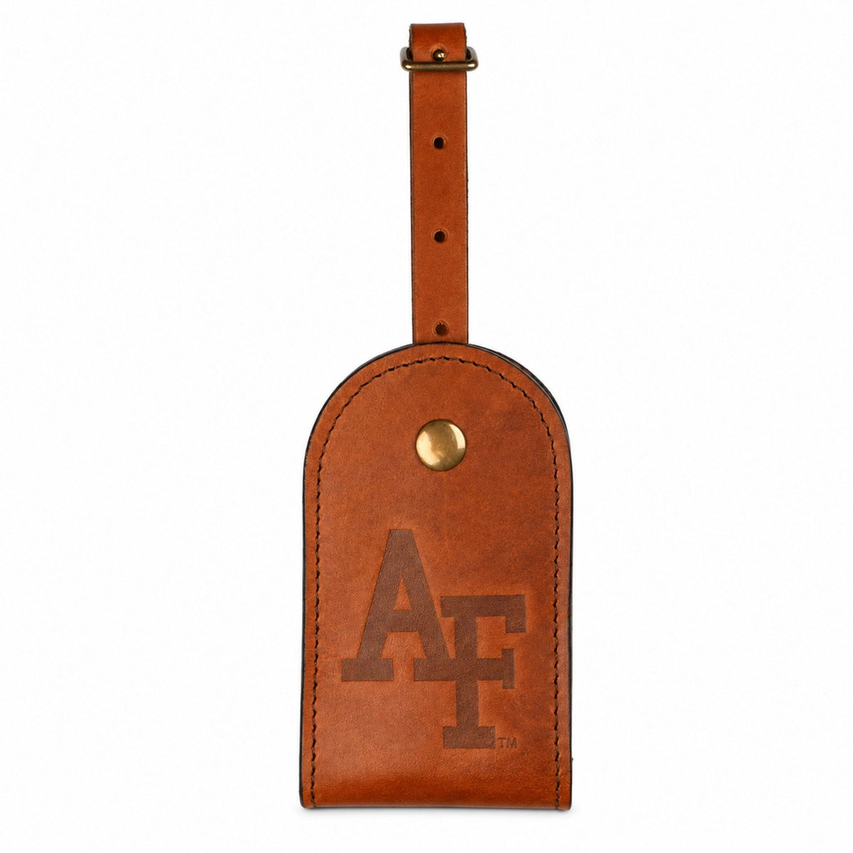 Front view of the Heritage Gear Leather Luggage Tag featuring a hand-stamped AF logo, brass snap, contrast stitching, and adjustable leather strap.