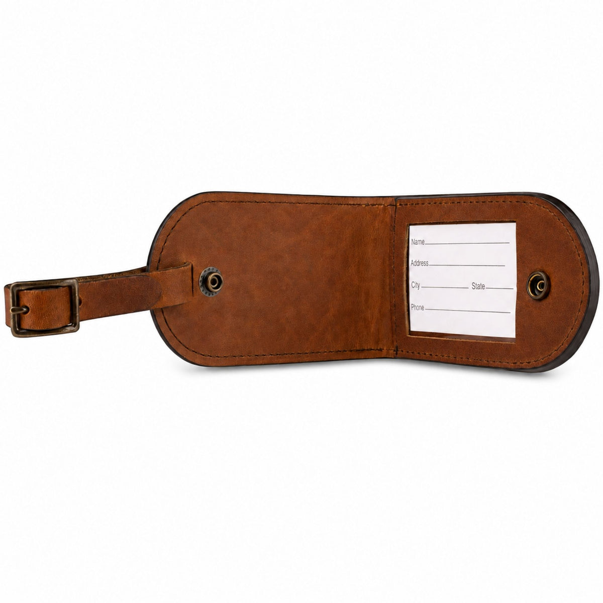 Open Heritage Gear Leather Luggage Tag showing the concealed identification card, snap closure, leather strap, and metal buckle.