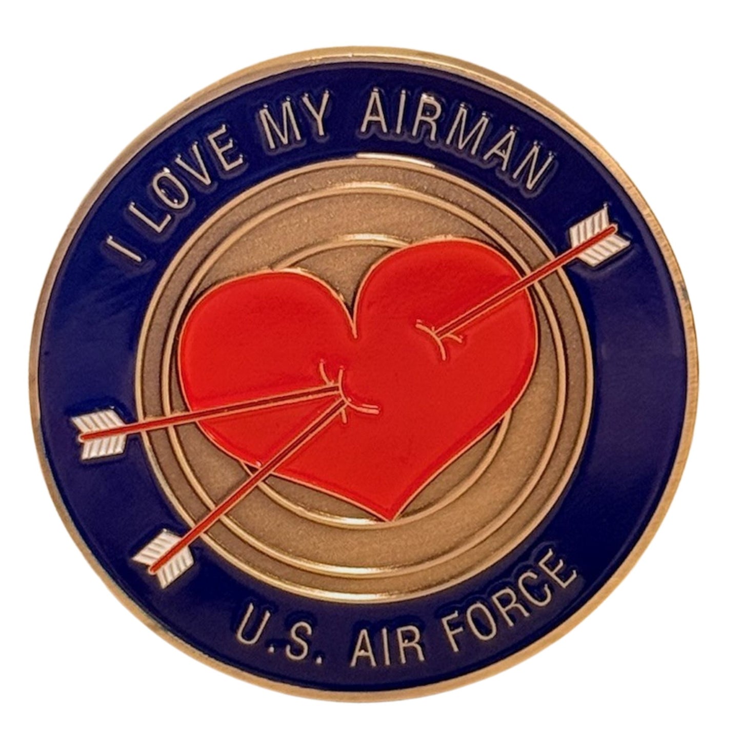 2-inch I Love My Airman challenge coin with red heart and arrows, blue and gold enamel design, honoring U.S. Air Force service members