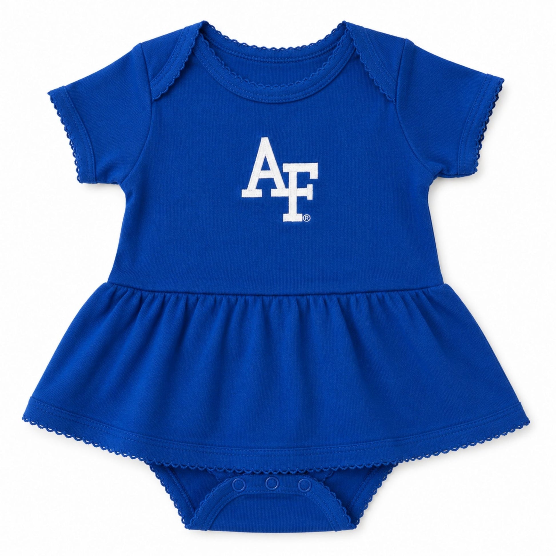 Royal blue infant dress onesie featuring an embroidered white AF logo, short sleeves, and attached skirt