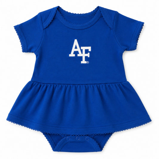 Royal blue infant dress onesie featuring an embroidered white AF logo, short sleeves, and attached skirt