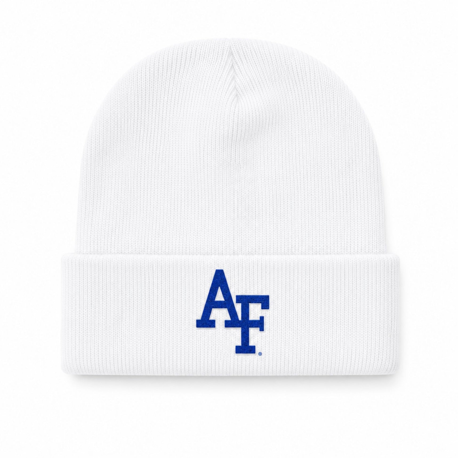 Infant Air Force white knit cap with cuffed beanie design and royal blue embroidered AF logo on the front.