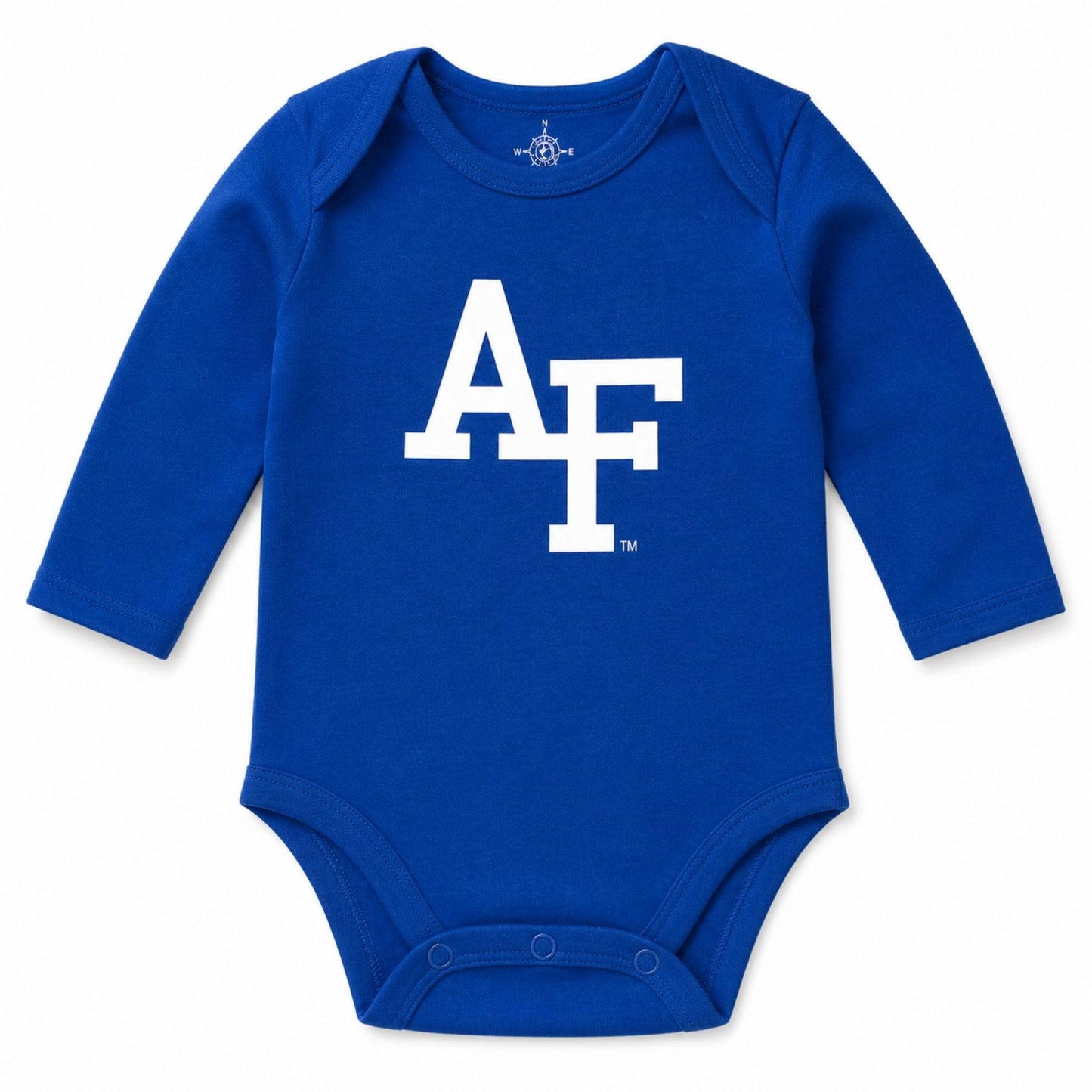 Royal blue infant long sleeve onesie featuring a white Air Force Academy AF logo on the front.