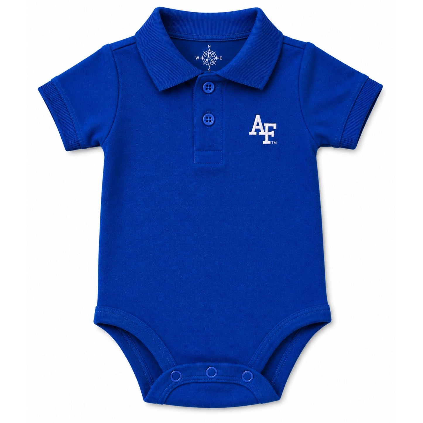 Royal blue infant polo onesie featuring a 1.25-inch embroidered white AF logo, polo collar, and snap-bottom closure.