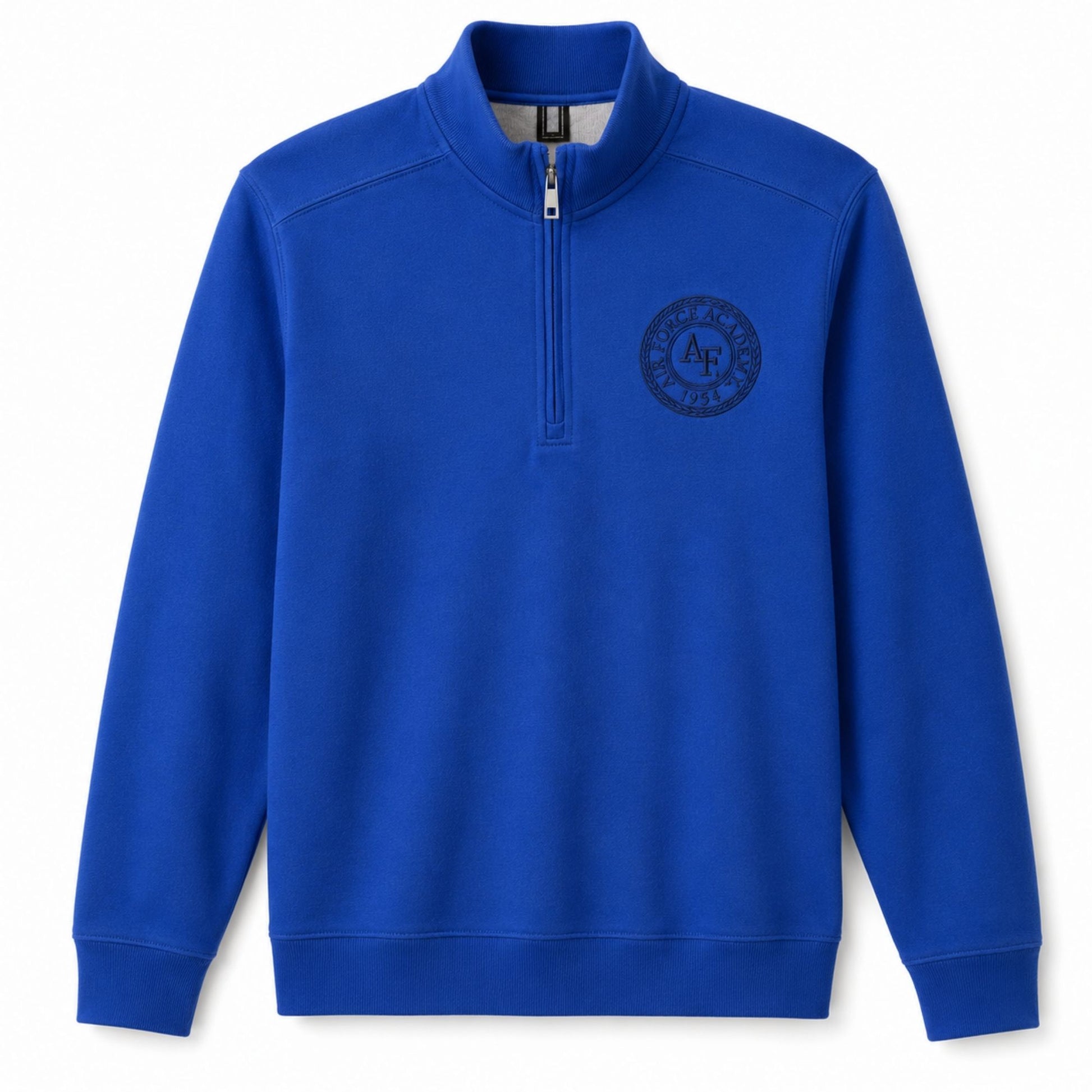 Royal blue Legacy Seal Quarter Zip featuring a tonal embroidered Air Force Academy seal on the left chest.