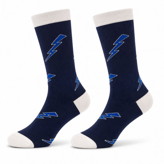 Navy blue Lightning Bolt All Over Crew Socks featuring blue lightning bolt graphics with white heel, toe, and cuff accents.