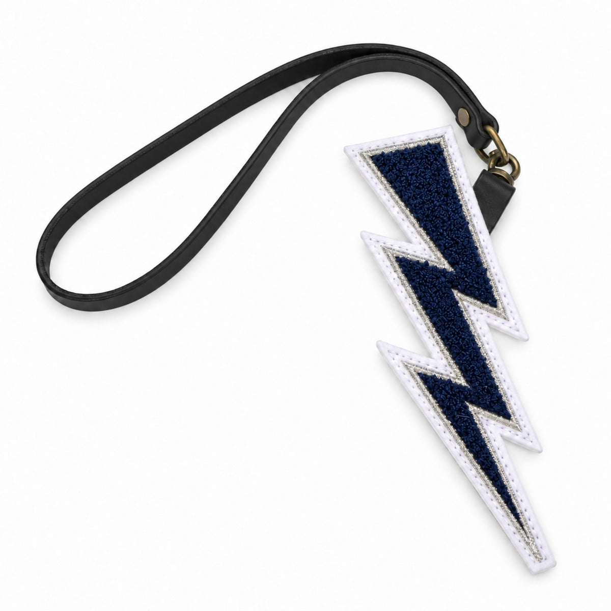Lightning Bolt Chenille Bag Charm featuring navy blue chenille, silver embroidered trim, white felt border, black leather loop strap, and brass swivel hardware.