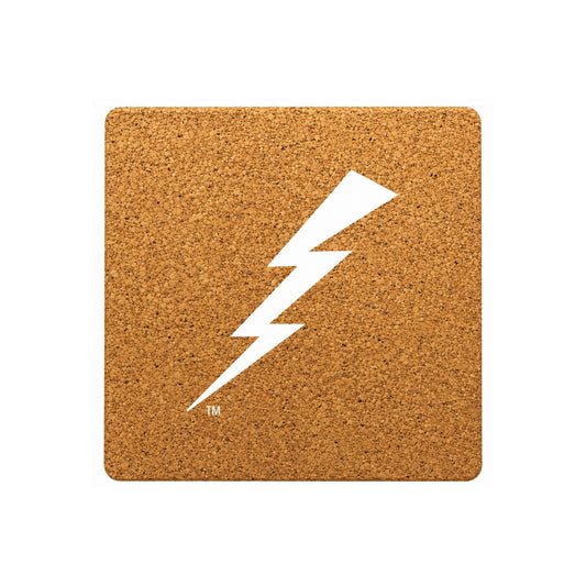 lightning bolt cork coaster with natural cork texture and white graphic design