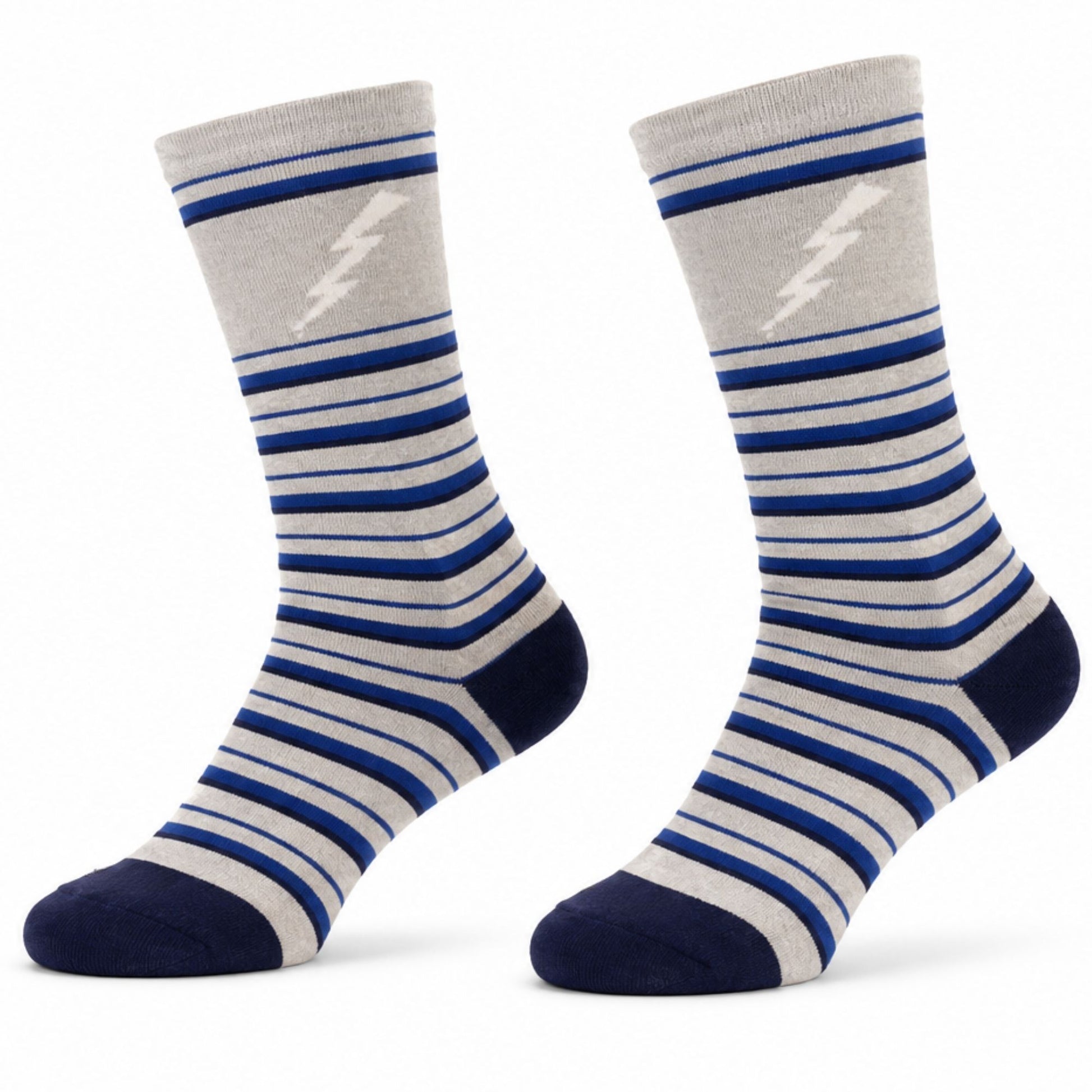 Gray and blue Lightning Bolt Stripe Crew Socks featuring a white lightning bolt design, navy heel and toe, and moisture-wicking crew-length construction.