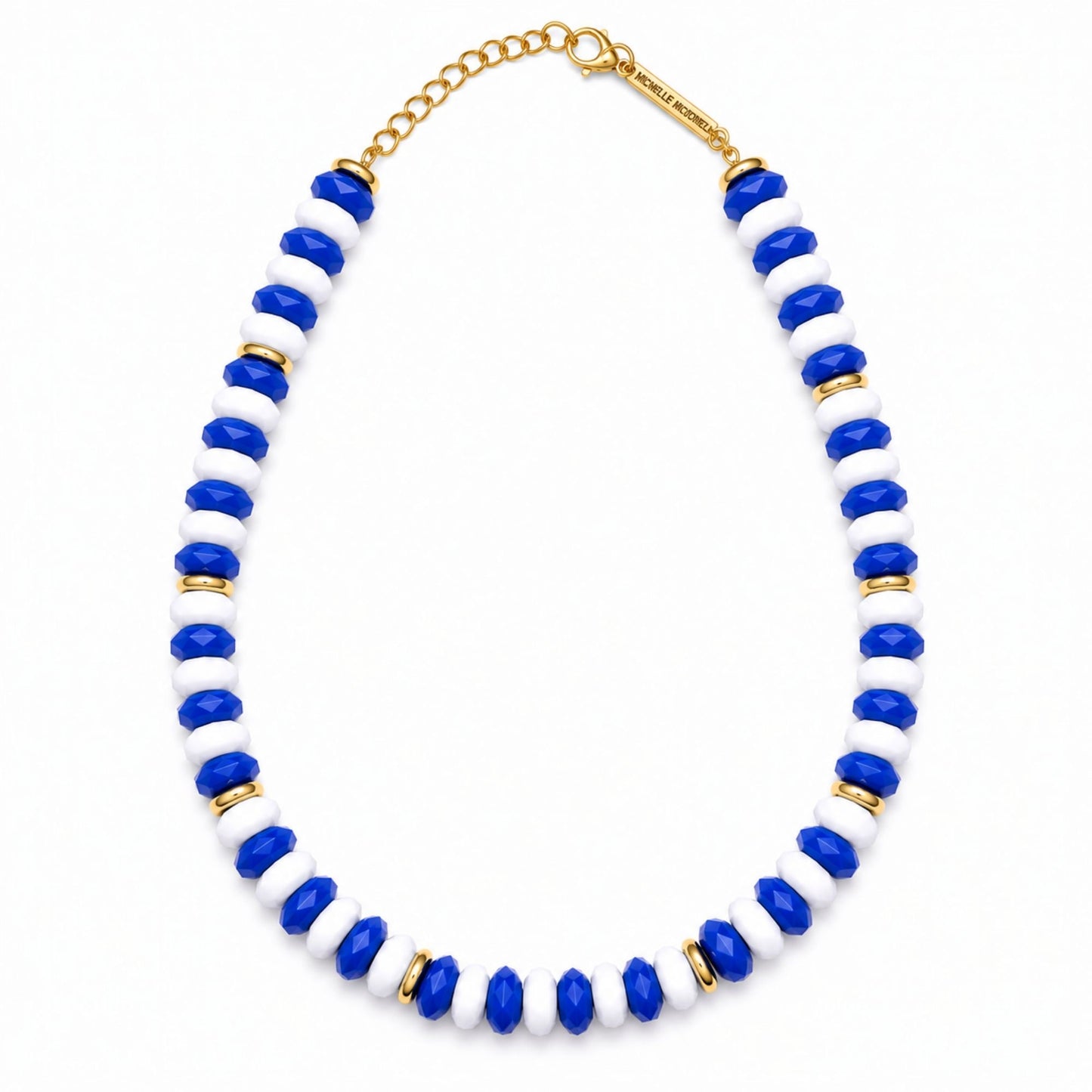 Long Blue Line chunky beaded necklace featuring alternating royal blue and white faceted beads with gold-tone accents.