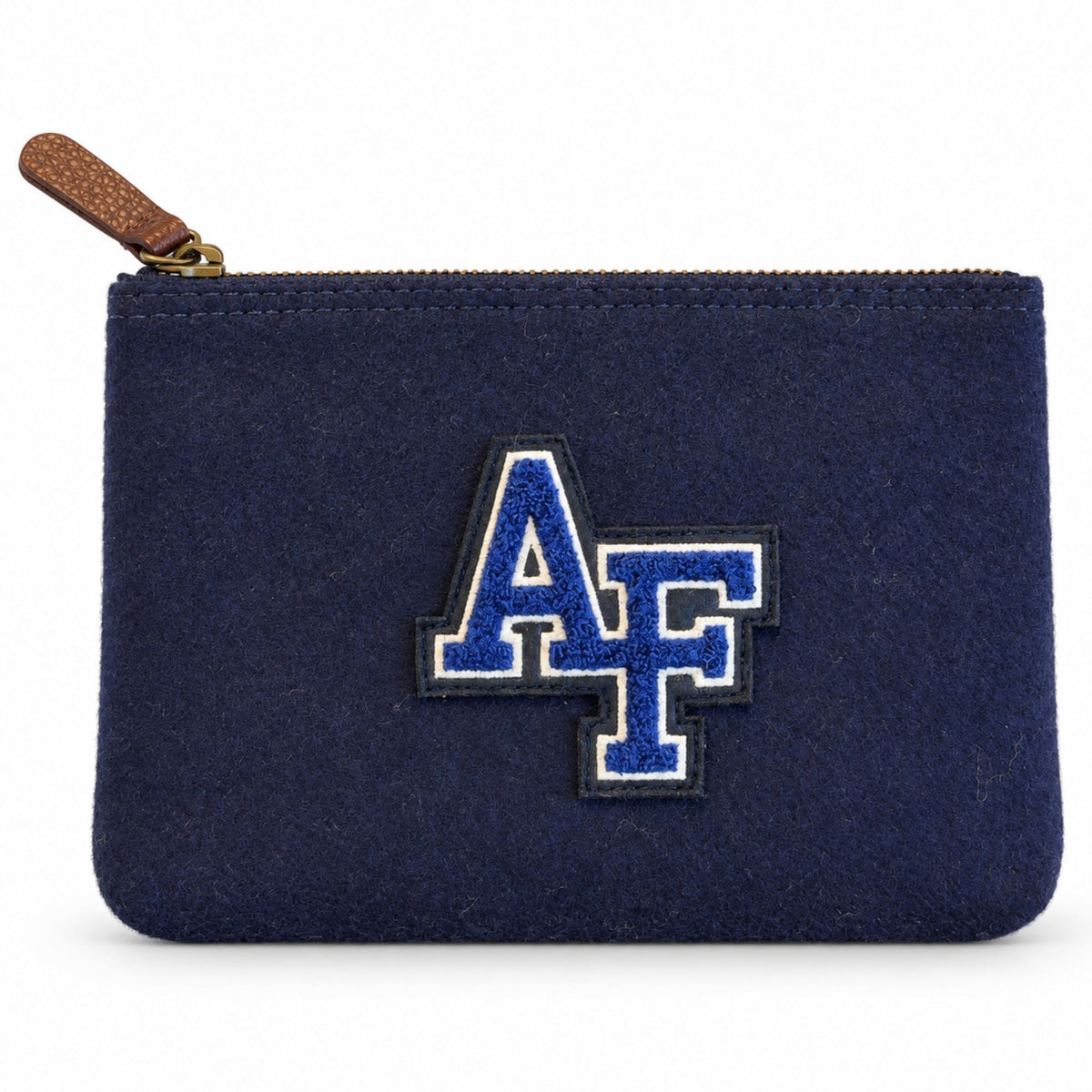 Front view of the blue Melton Wool Valuables Pouch featuring a chenille AF logo and brown leather zipper pull.