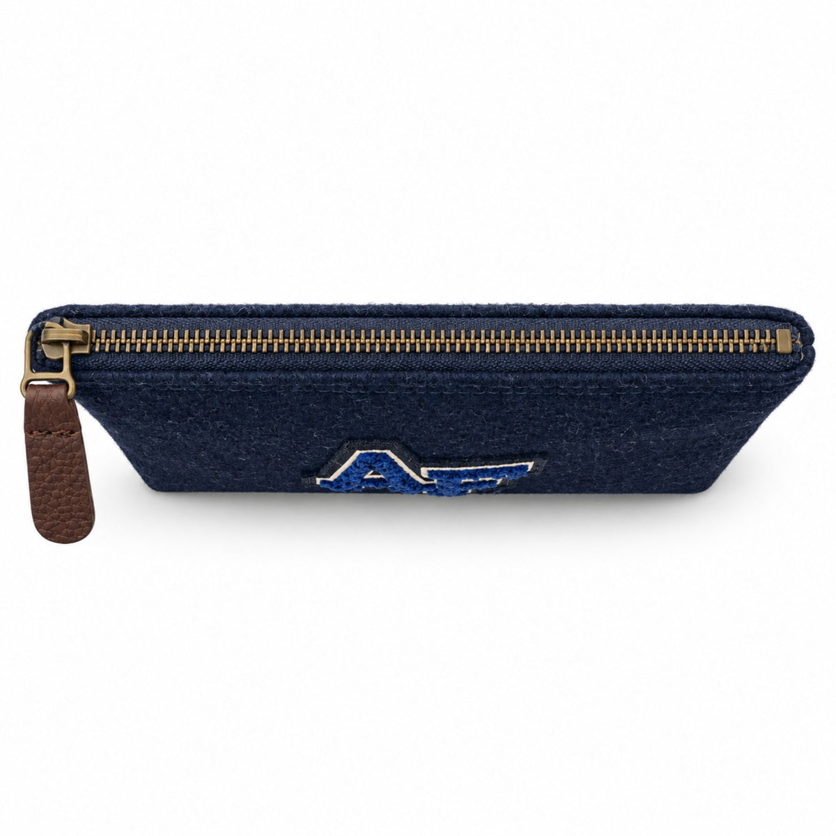 Top view of the blue Melton Wool Valuables Pouch with an antique brass zipper and brown leather pull.