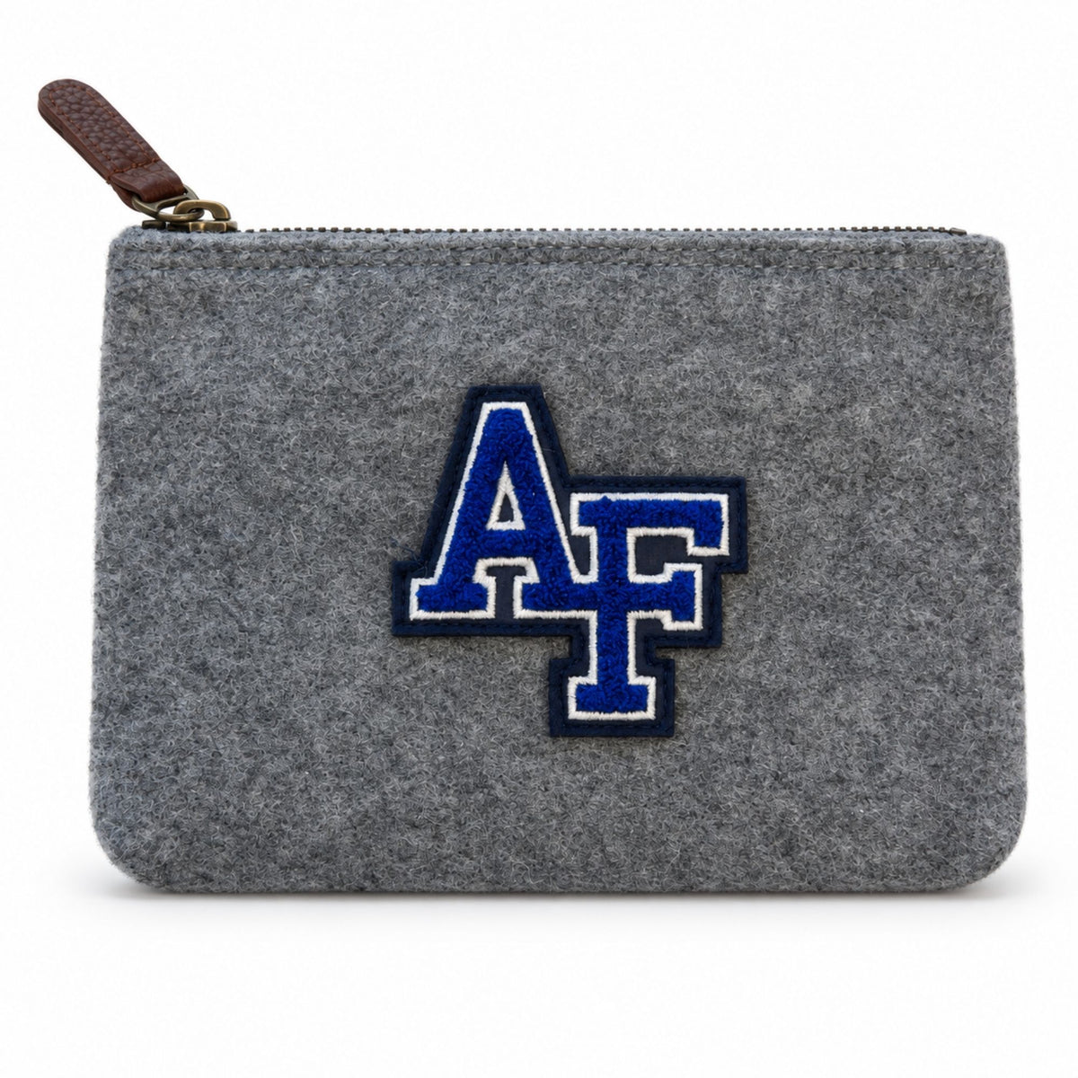 Front view of the grey Melton Wool Valuables Pouch featuring a chenille AF logo and brown leather zipper pull.