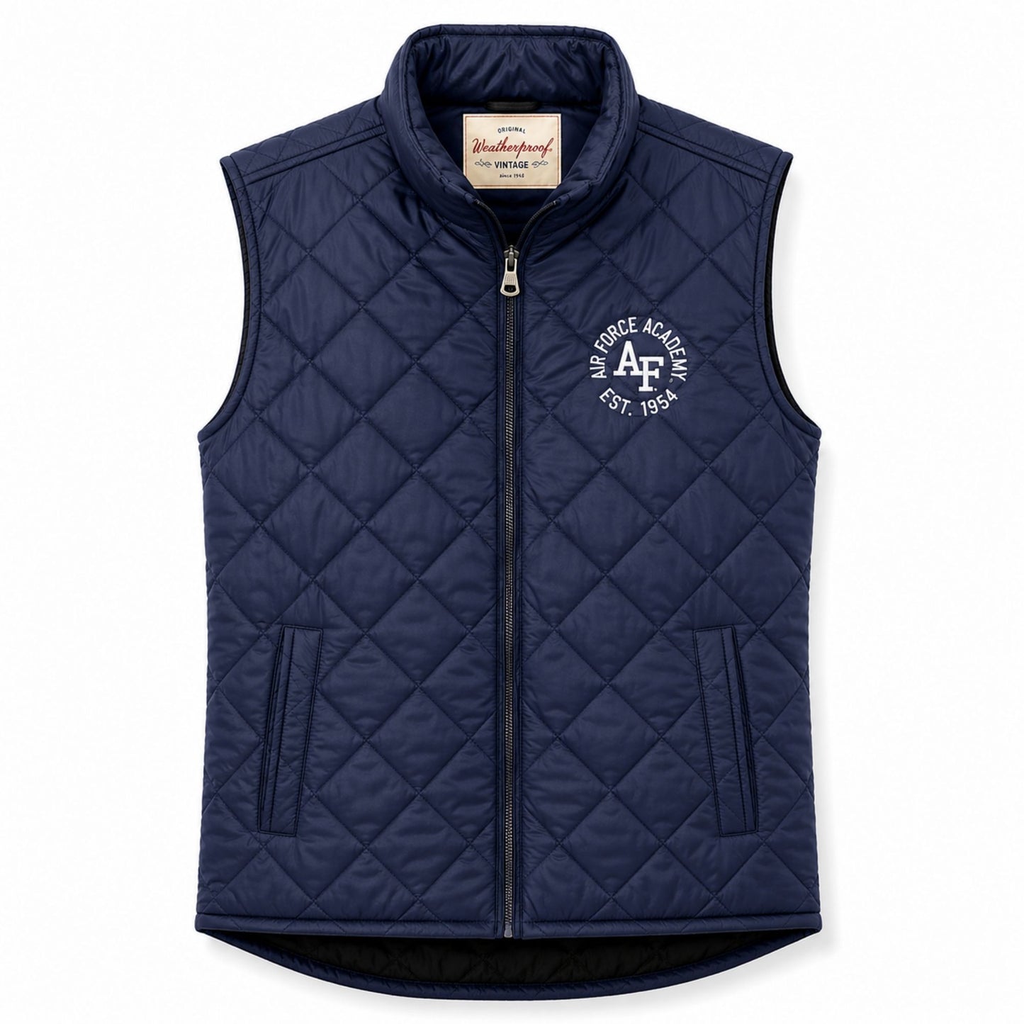Men's Air Force Academy navy diamond quilt vest with embroidered Air Force Academy graphic, full-zip front, stand-up collar, hand pockets, and drop-tail hem.
