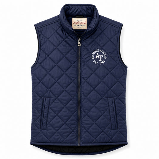 Men's Air Force Academy navy diamond quilt vest with embroidered Air Force Academy graphic, full-zip front, stand-up collar, hand pockets, and drop-tail hem.