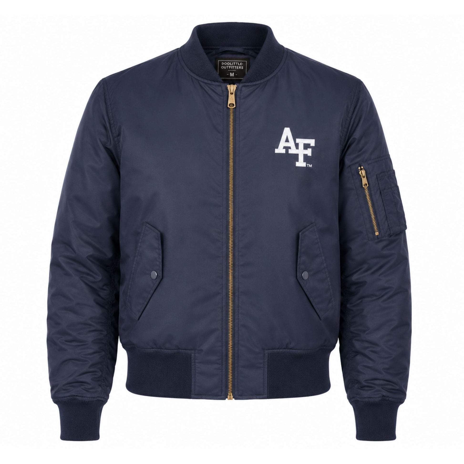 Men's navy blue Air Force bomber jacket featuring an embroidered AF logo, full-zip front, rib-knit collar, cuffs, waistband, and utility sleeve pocket.