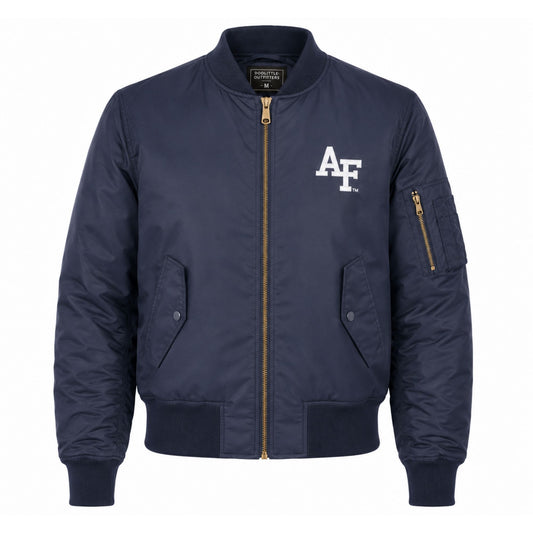 Men's navy blue Air Force bomber jacket featuring an embroidered AF logo, full-zip front, rib-knit collar, cuffs, waistband, and utility sleeve pocket.