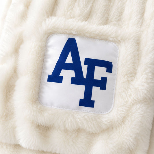 Cream Minky Couture Hugs Air Force Blanket featuring an embroidered white Air Force AF patch on ultra-soft plush minky fabric.