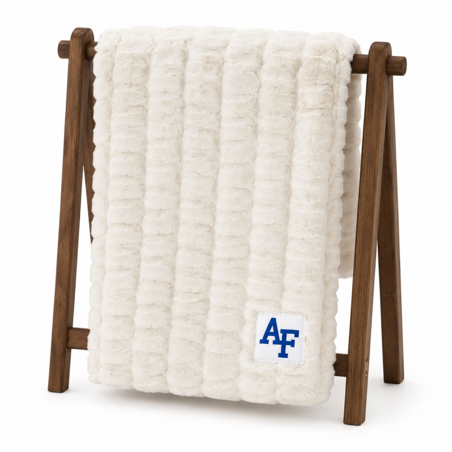 Cream Minky Couture Hugs Air Force Blanket featuring an embroidered white Air Force AF patch on ultra-soft plush minky fabric.