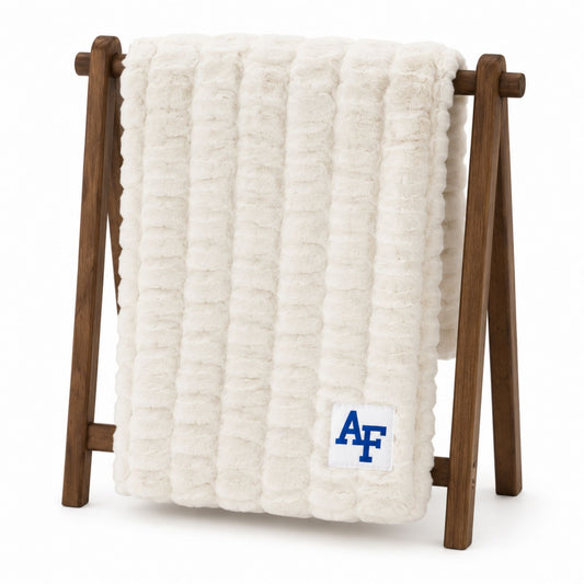 Cream Minky Couture Hugs Air Force Blanket featuring an embroidered white Air Force AF patch on ultra-soft plush minky fabric.