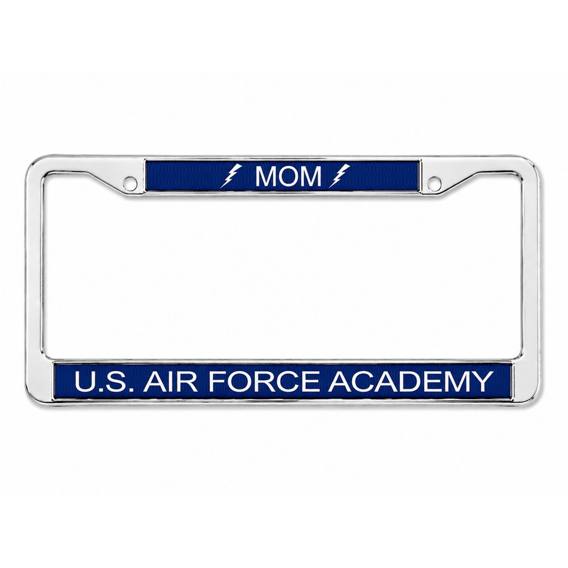 Polished metal U.S. Air Force Academy Mom Bolt license plate frame with blue enamel accents and lightning bolt design.