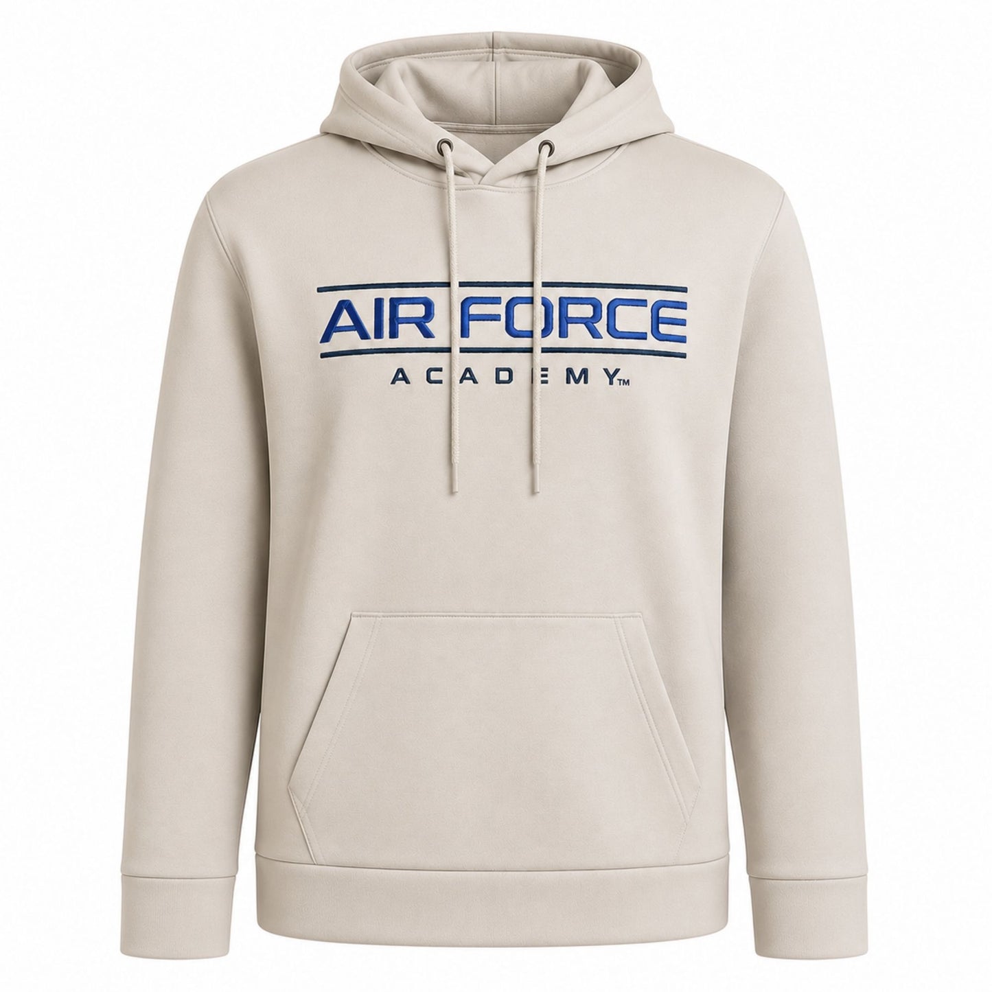 Men's cream Monterey Lounge Air Force Academy hoodie featuring an embroidered Air Force Academy design, scuba knit fabric, kangaroo pocket, and drawstring hood.