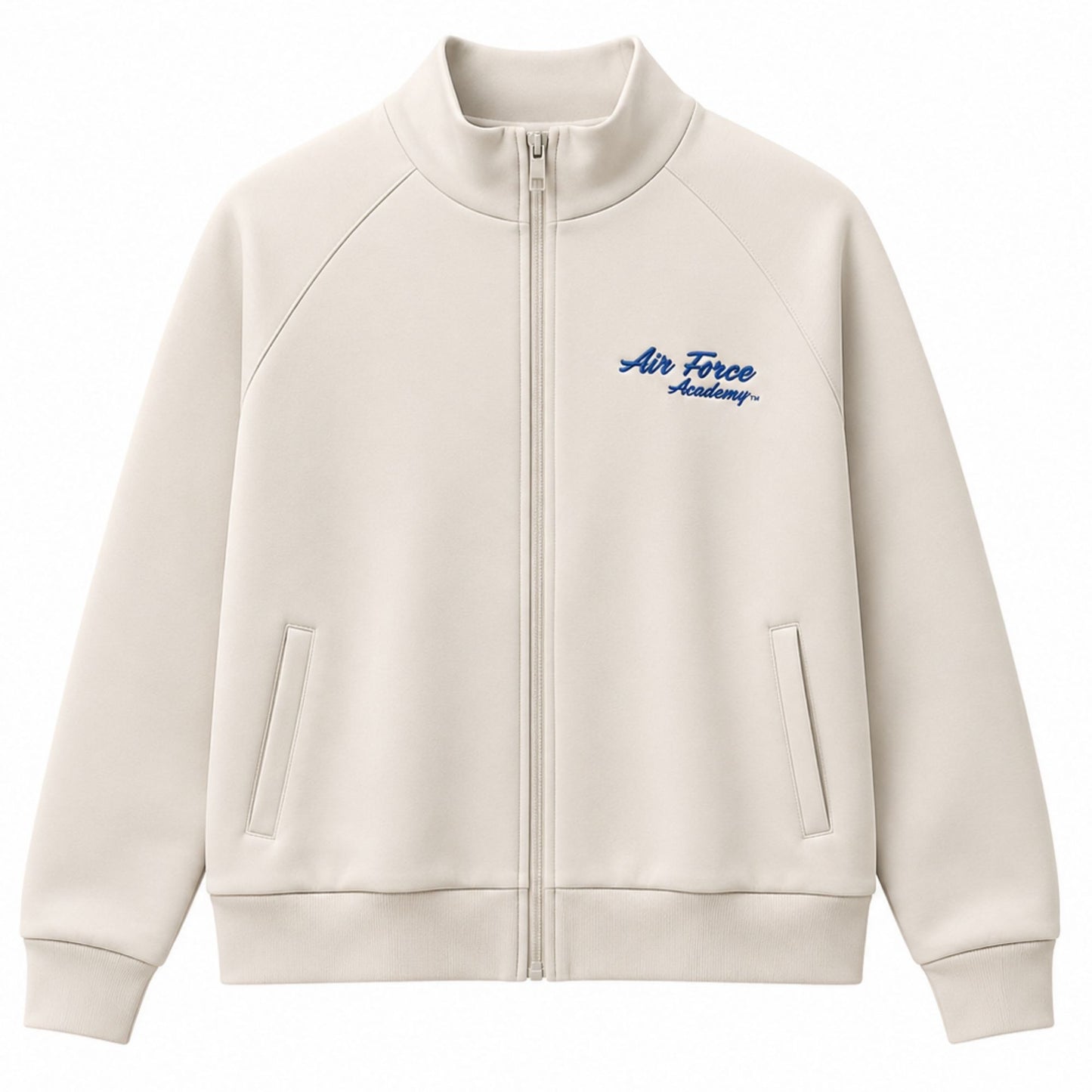 Women's Air Force Academy full-zip jacket in cream scuba knit fabric featuring embroidered blue script logo, raglan sleeves, and front pockets.