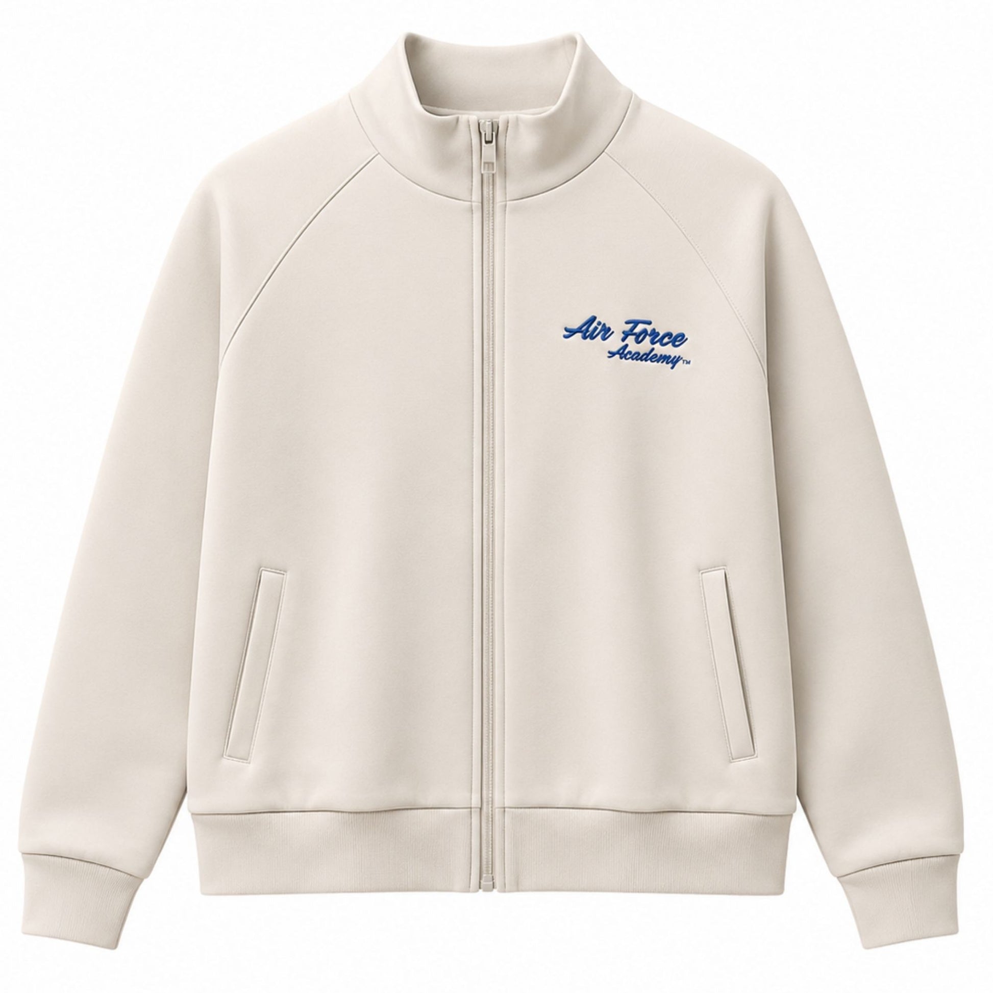 Women's Air Force Academy full-zip jacket in cream scuba knit fabric featuring embroidered blue script logo, raglan sleeves, and front pockets.