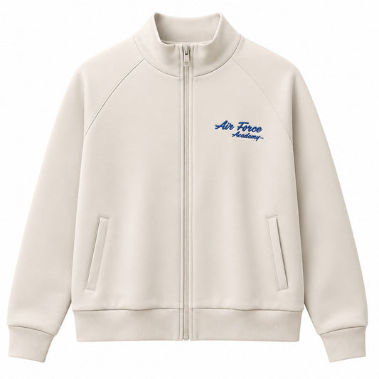 Women's Air Force Academy full-zip jacket in cream scuba knit fabric featuring embroidered blue script logo, raglan sleeves, and front pockets.