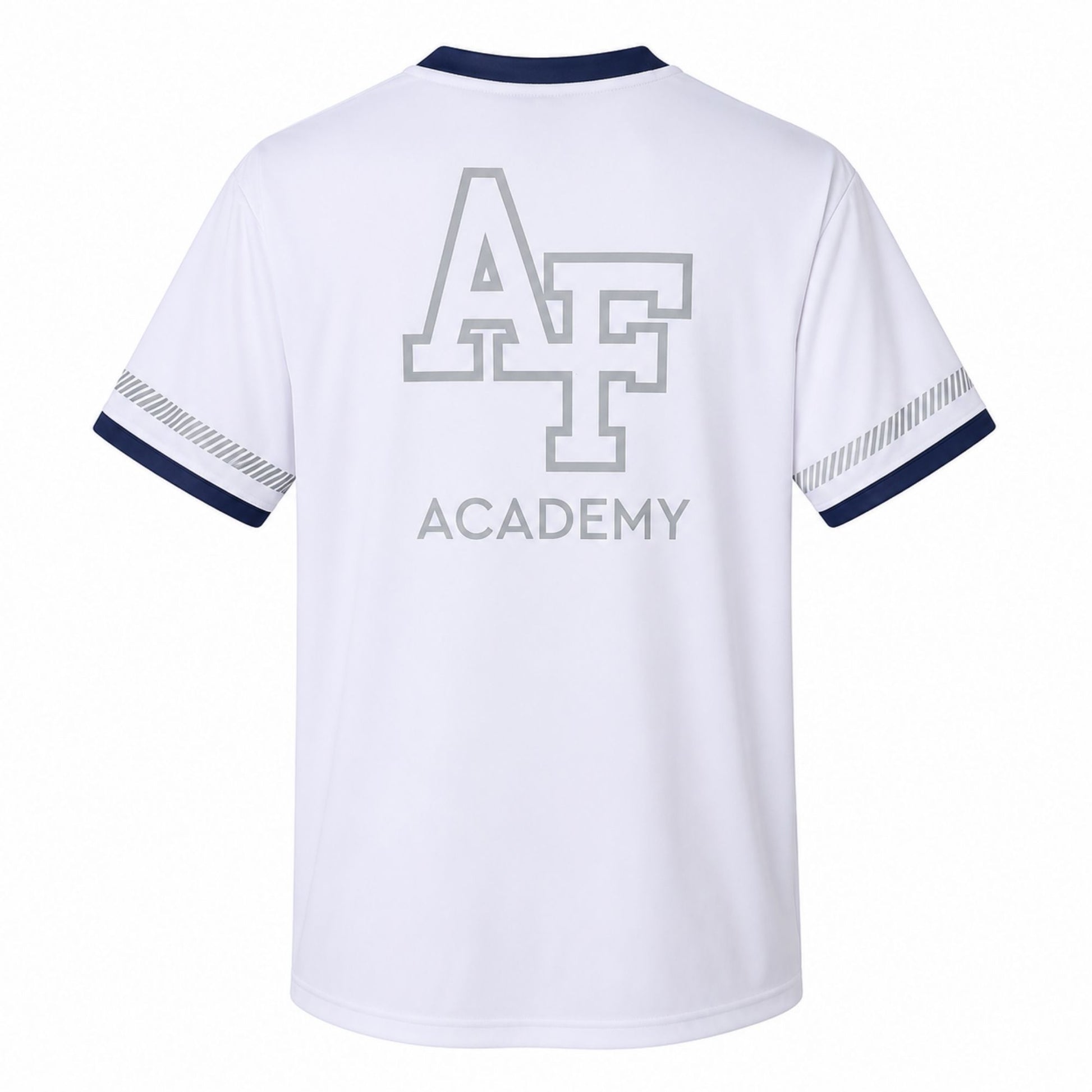 White USAFA Performance Cadet Athletic T-Shirt with navy trim, USAFA front graphic, and AF Academy back design shown front and back.