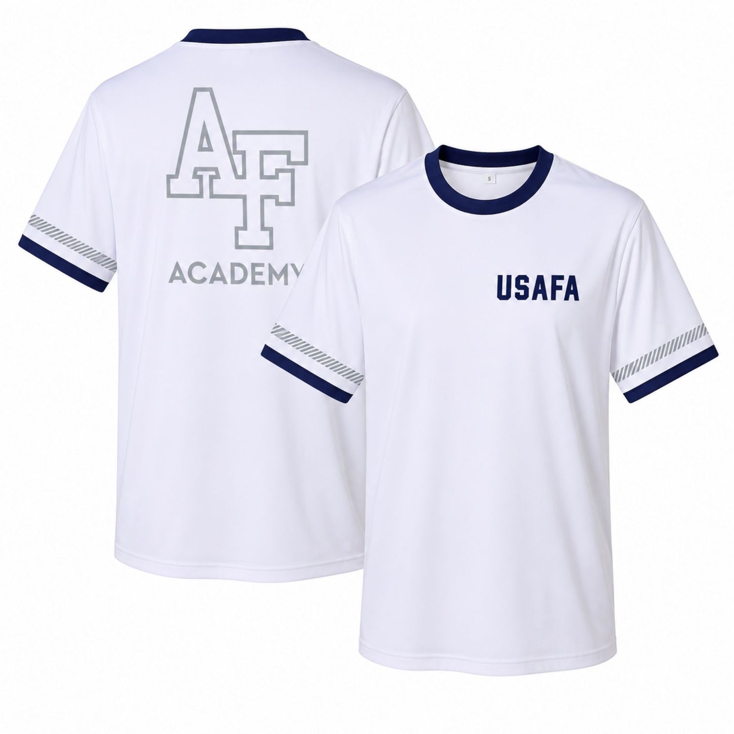 White USAFA Performance Cadet Athletic T-Shirt with navy trim, USAFA front graphic, and AF Academy back design shown front and back.