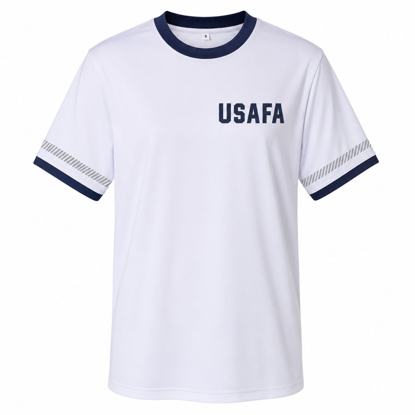 White USAFA Performance Cadet Athletic T-Shirt with navy trim, USAFA front graphic, and AF Academy back design shown front and back.