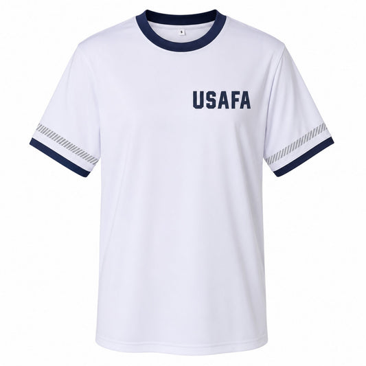 White USAFA Performance Cadet Athletic T-Shirt with navy trim, USAFA front graphic, and AF Academy back design shown front and back.