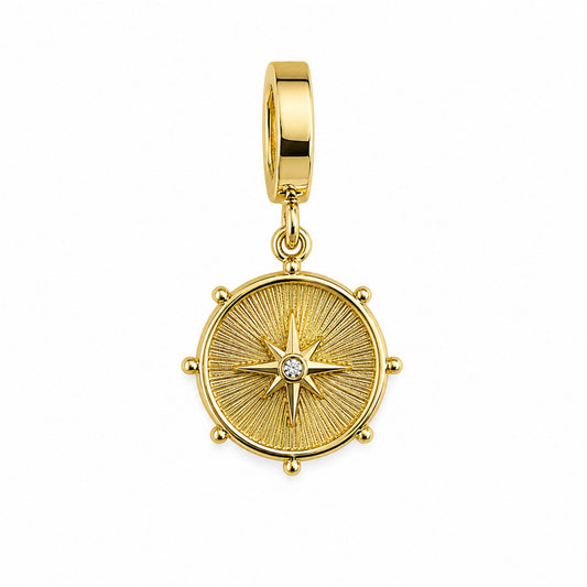 18k gold-plated Polaris North Star charm with textured starburst and sparkling center accent