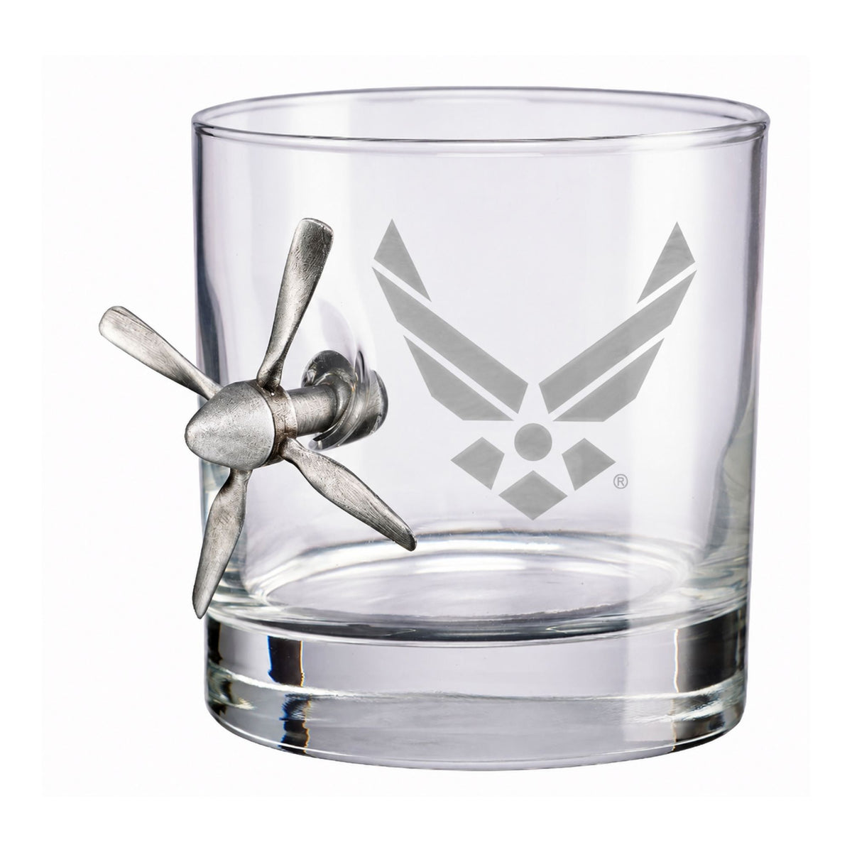 Clear Propeller on the Rocks Old Fashioned Glass with Air Force logo and silver propeller