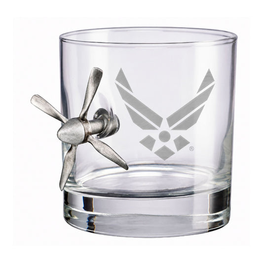 Clear Propeller on the Rocks Old Fashioned Glass with Air Force logo and silver propeller
