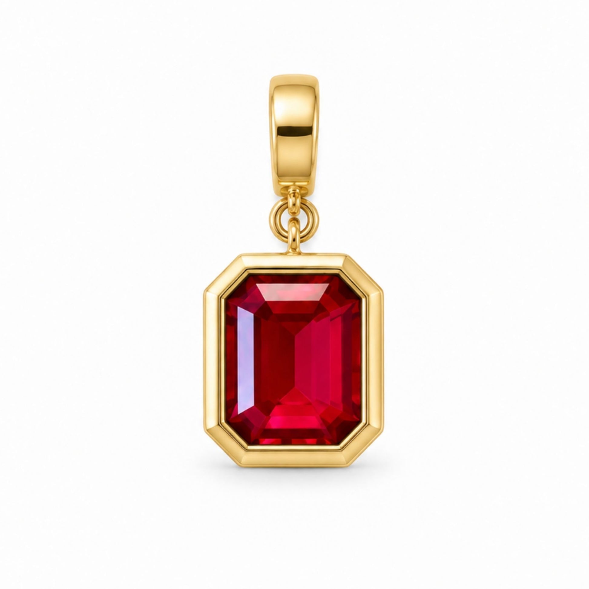 Red Radiance Charm with an emerald-cut red gemstone in a polished gold-tone setting.