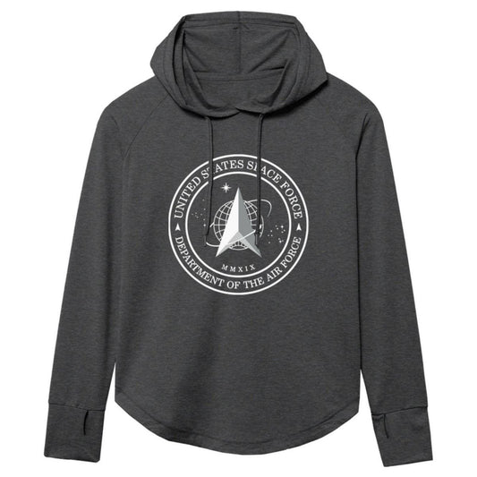 Space Force Women’s Delta Command Hoodie in charcoal heather with Space Force seal graphic