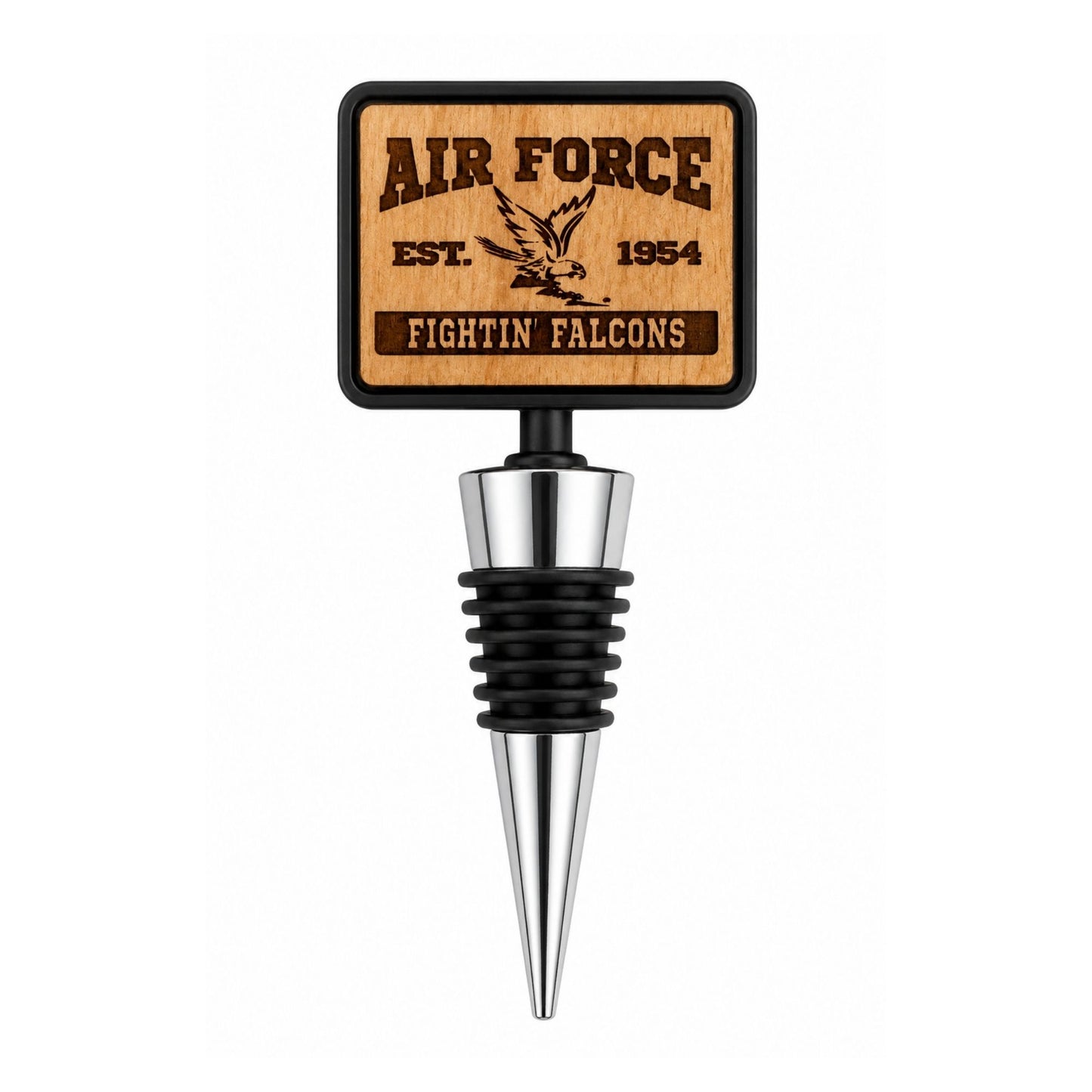 Spirit Falcon wine bottle stopper with laser-engraved wooden top, stainless steel body, and silicone bottle seal.