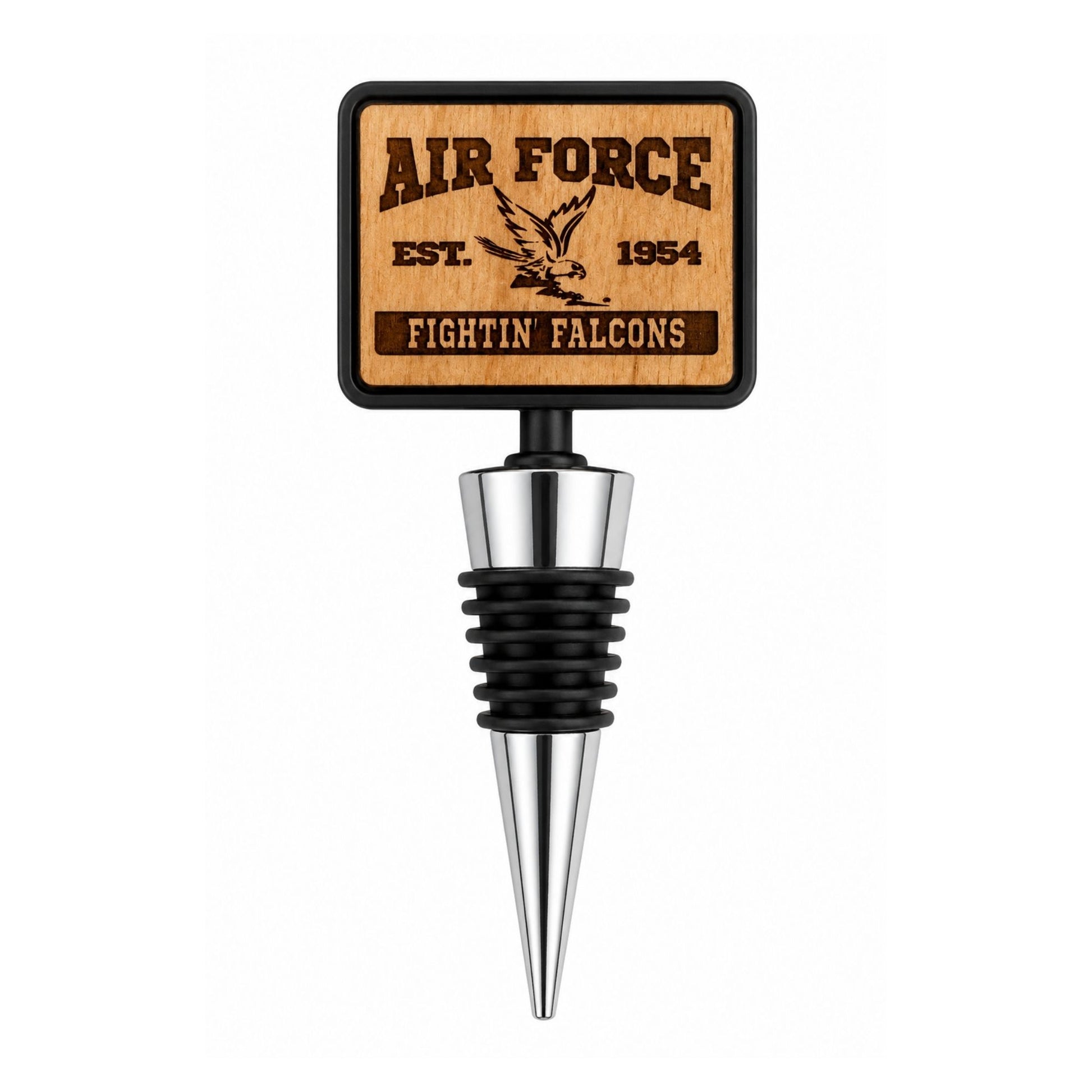 Spirit Falcon wine bottle stopper with laser-engraved wooden top, stainless steel body, and silicone bottle seal.