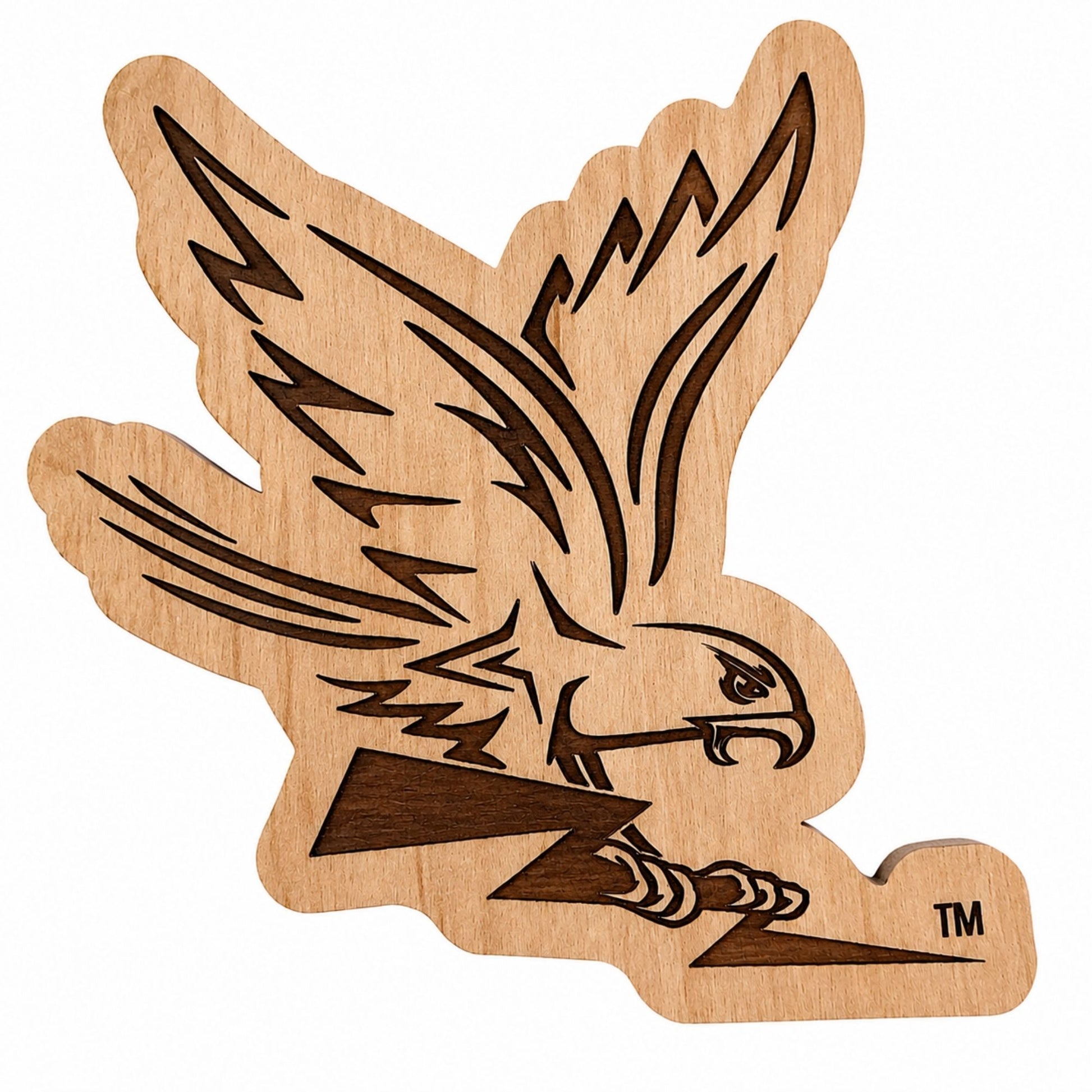 Laser-engraved Spirit Falcon wooden magnet featuring natural wood grain and detailed Air Force Academy falcon artwork.