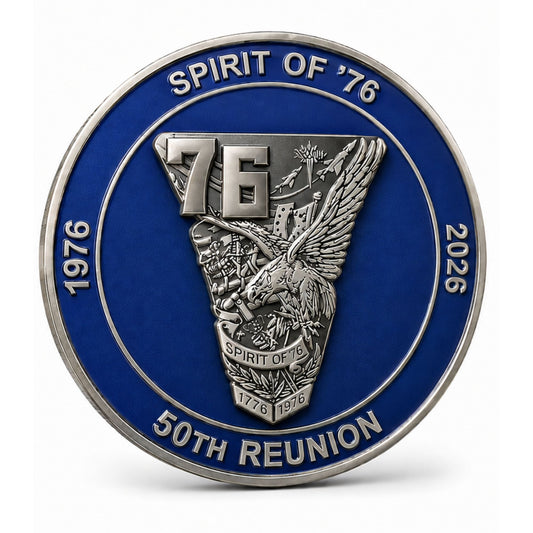 Reverse of the Spirit of ’76 50th Reunion Coin featuring the Class of 1976 crest, 1976–2026 dates, and 50th Reunion lettering.